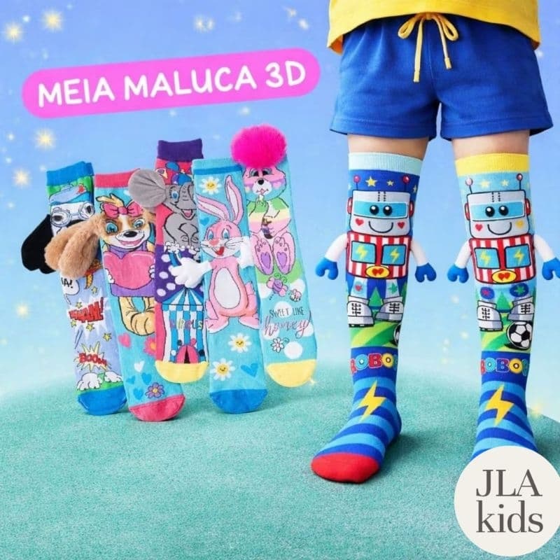 meia divertida 3D , meia maluca infantil, menino e menina