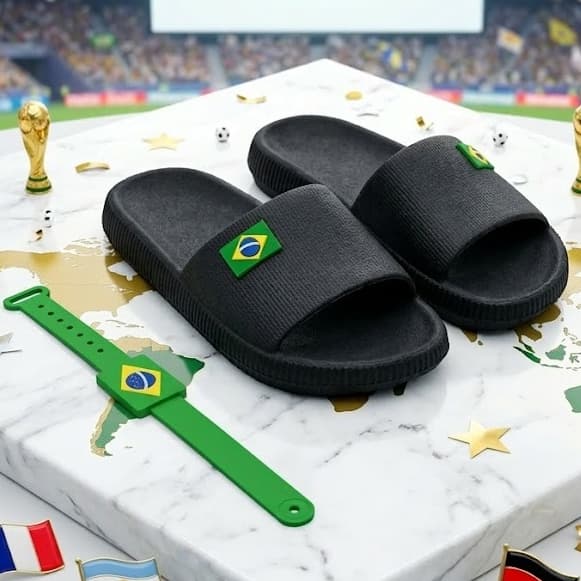 Chinelos slide pretos com bandeira do Brasil sobre fundo de mármore com mapa do mundo
