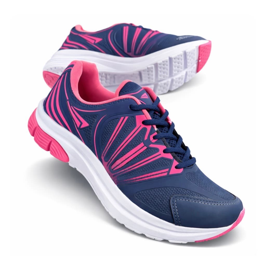 Tênis feminino azul e rosa para academia e caminhada, leve e confortável