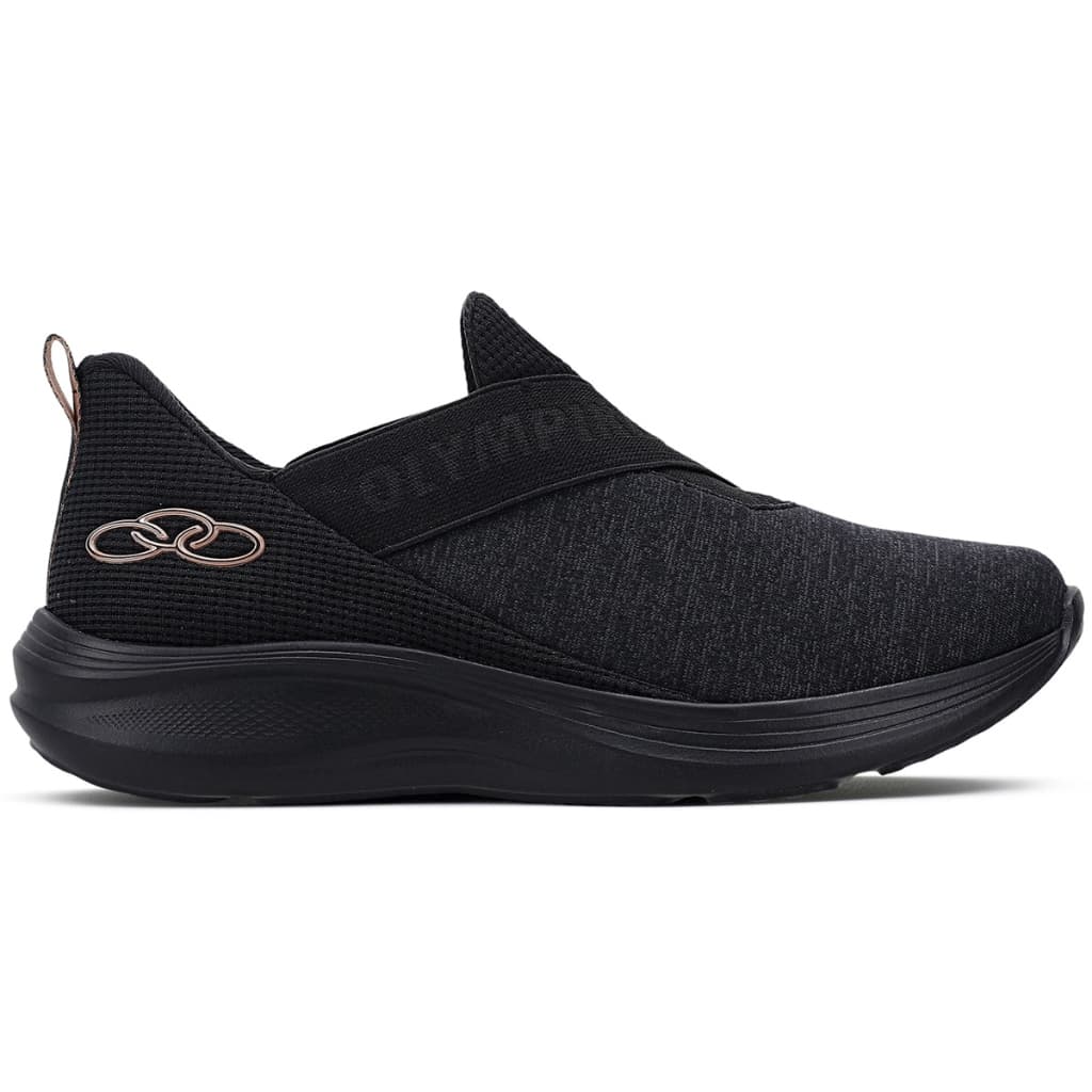 Tênis feminino Olympikus Easy 3 preto com sola preta e logo dourado