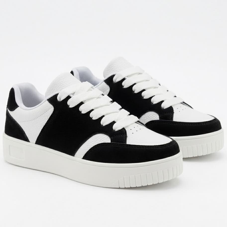 Tênis feminino casual preto e branco com sola branca, estilo low top