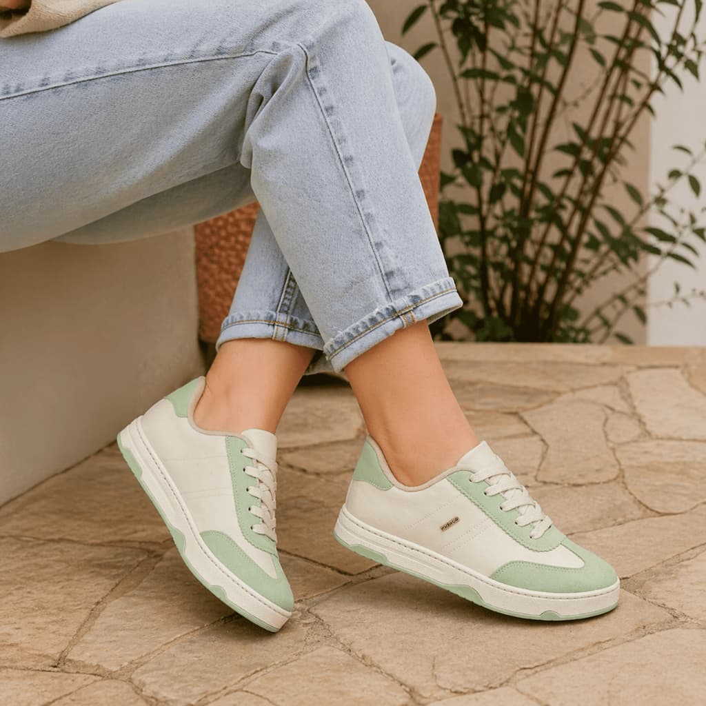 Tênis casual Moleca verde e branco, estilo urbano, com relevos e cadarço branco, ideal para passeios e trabalho.