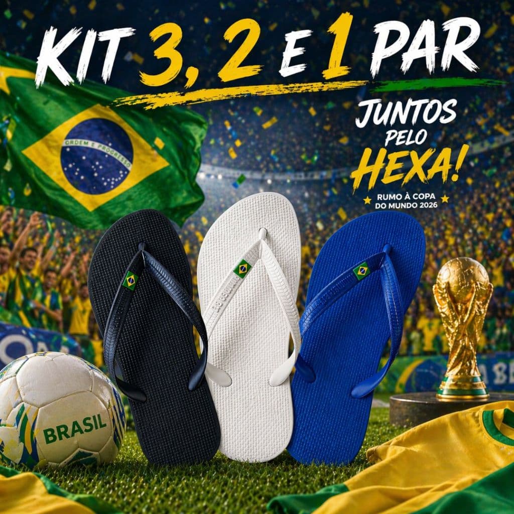Kit de chinelos masculinos com 3, 2 e 1 par, cores preto, branco e azul, campo de futebol com bandeira do Brasil e bola de futebol com a palavra BRASIL.