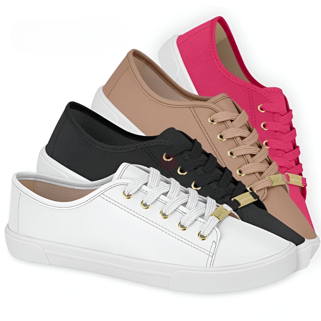 Tênis Moleca Original Feminino em cores branco, preto, marrom e rosa com detalhes em couro e cadarços dourados