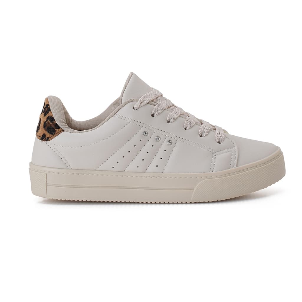 Tênis feminino casual branco com estampa de leopardo