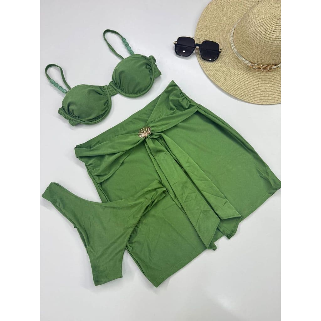 Biquíni Feminino 3 Peças com Saída de Praia Asa Delta Meia Taça Bojo Removível Fio Duplo Moda Praia P ao GG