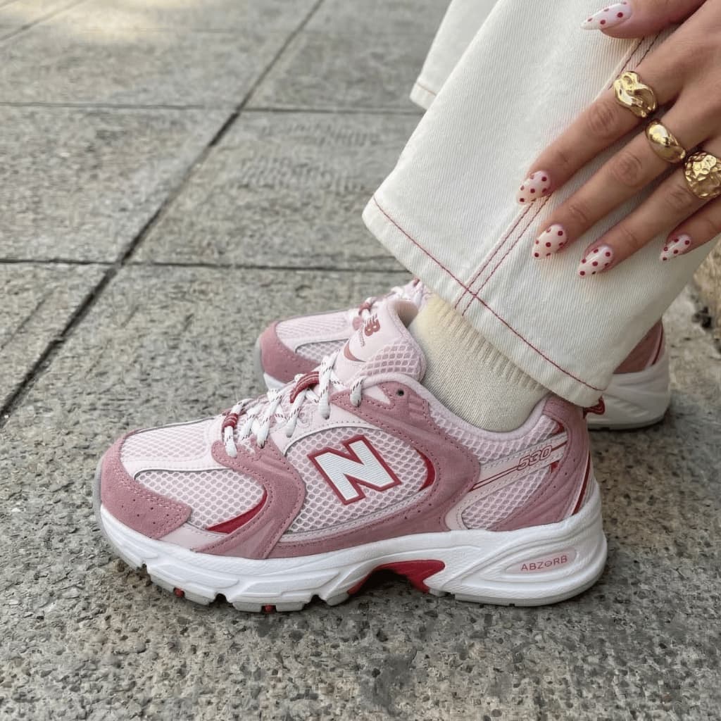 Tênis New Balance 530 feminino rosa com detalhes brancos e vermelhos