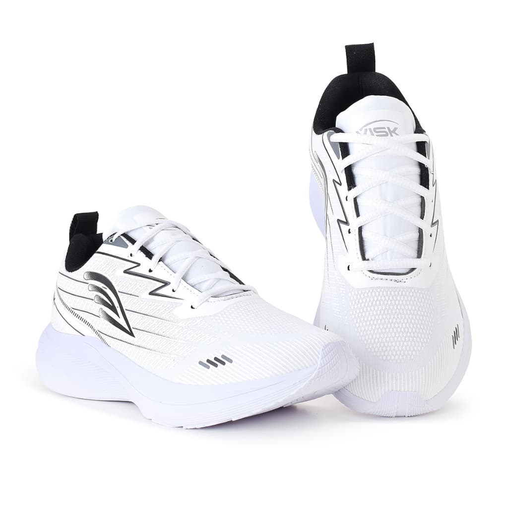 Tênis esportivo branco com detalhes em preto e cinza, logo ASK na lateral do cadarço, ângulo frontal e lateral.