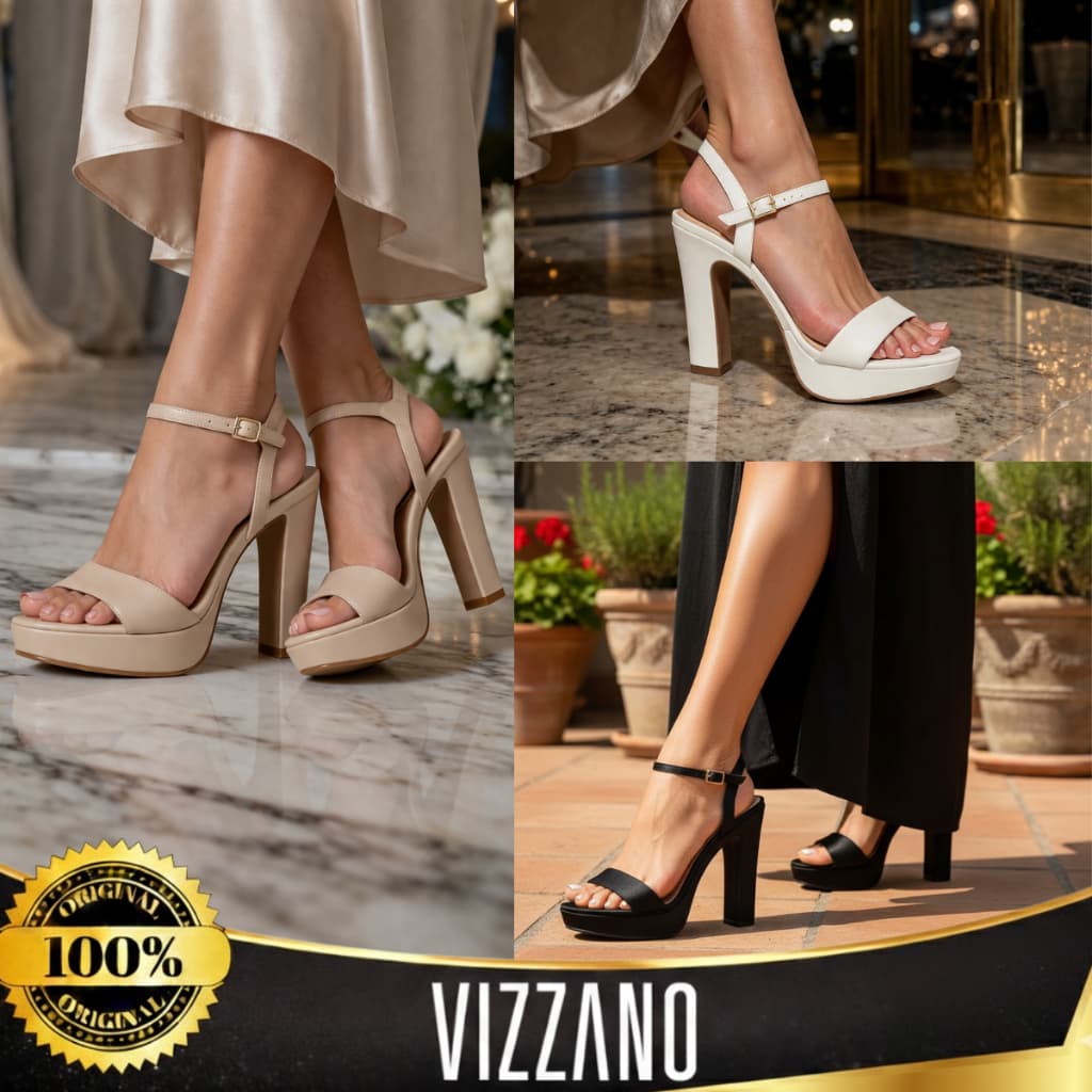 Sandália Vizzano Feminino Salto Grosso Alto Fivela Meia Pata Bloco Vizzano Conforto Original