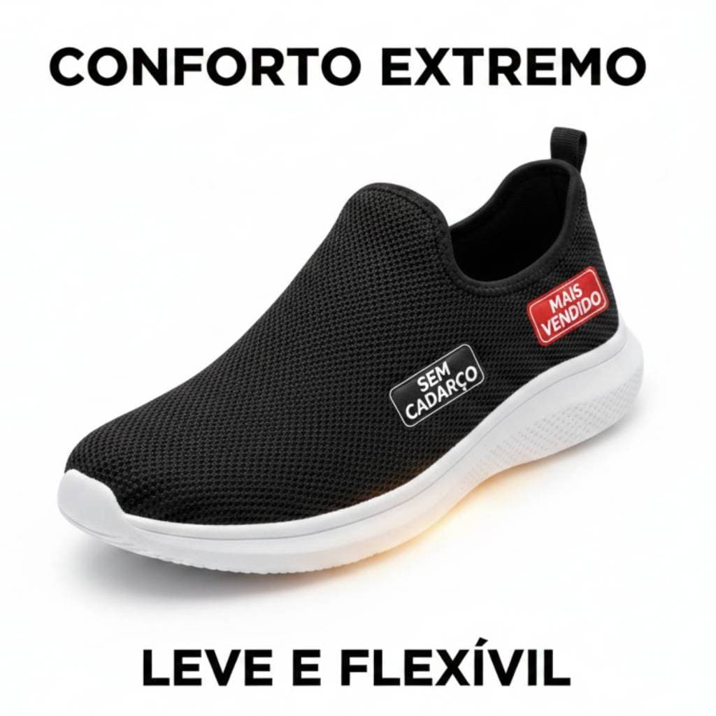 Tênis esportivo preto com sola branca, etiquetas 'SEM CADARÇO' e 'MAIS VENDIDO', texto 'CONFORTO EXTREMO' e 'LEVE E FLEXÍVEL'.
