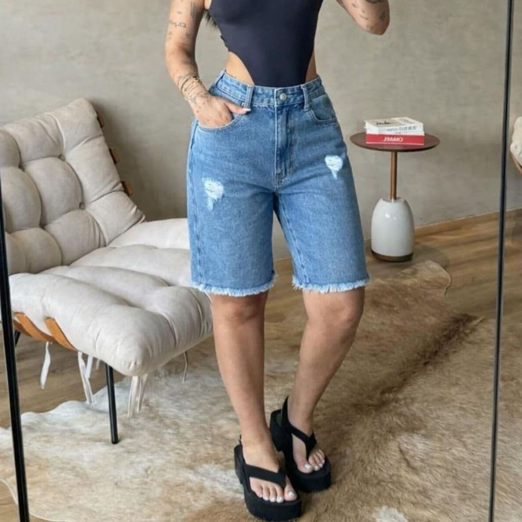 Bermuda Jorts feminina Jeans 100% Algodão Cintura Alta Meia coxa Ciclista Jeans Premium Marmorizada Tendência Verão