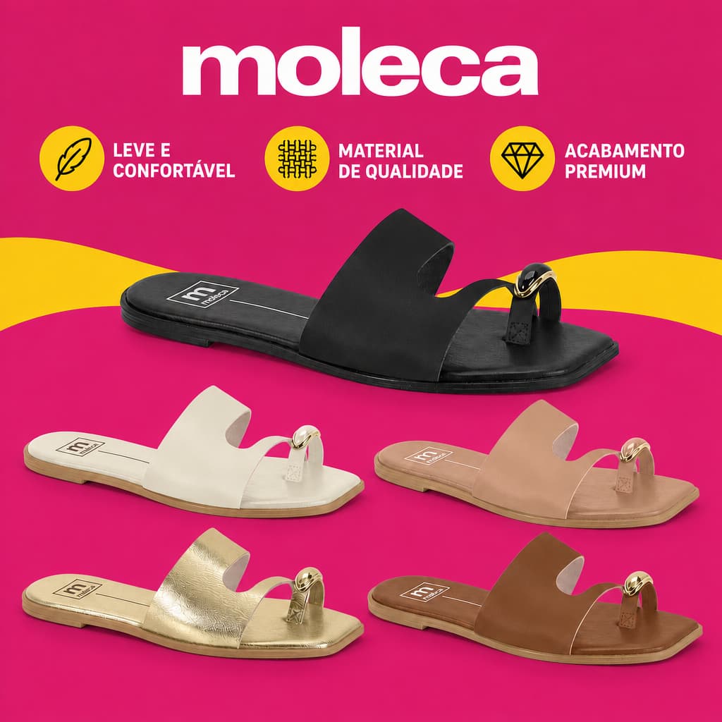 Sandália Moleca Detalhe Dourado Confortável Original Casual | Lançamento! | Original Moleca !