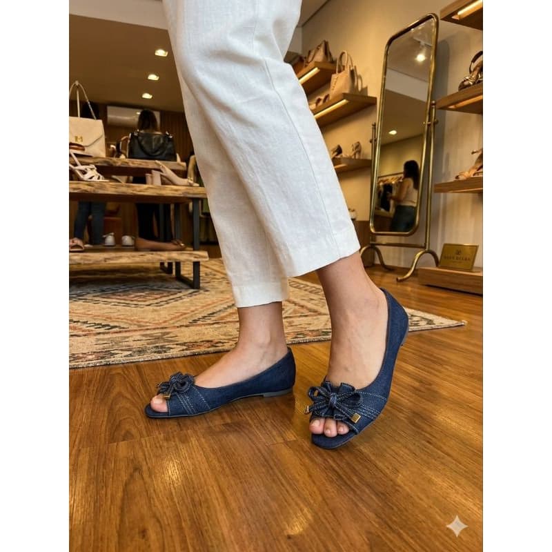 Sapatilha Sandalia Rasteirinha Aberta Feminina Laço Azul Jeans N° 37 Casual Confortável Dia a Dia