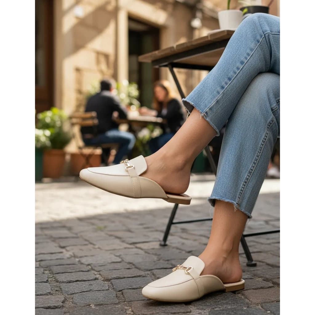 Sandália feminina mule rasteira com fivela metálica, cor bege, estilo casual