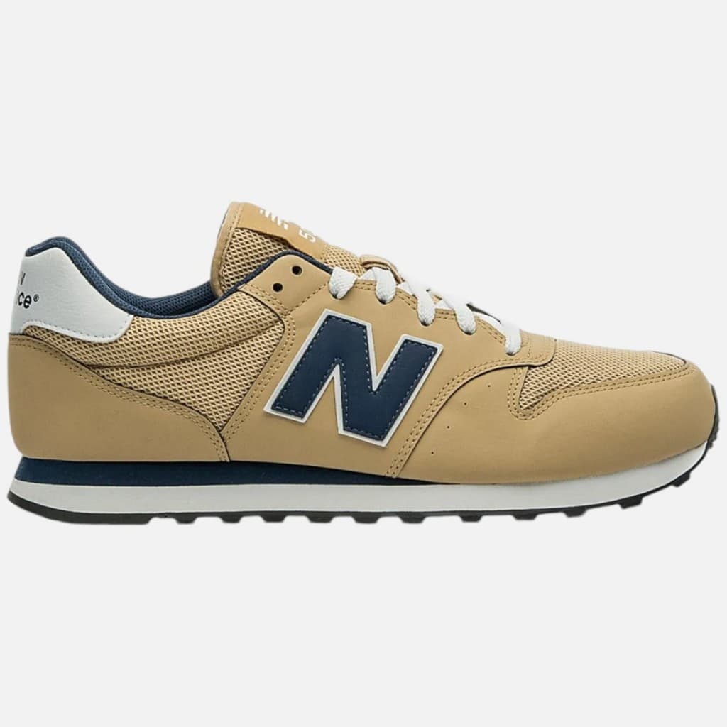 Tênis New Balance 500v2 Nb Masculino Casual Mesh, cor bege com detalhes em azul e branco, logotipo 'N' na lateral.
