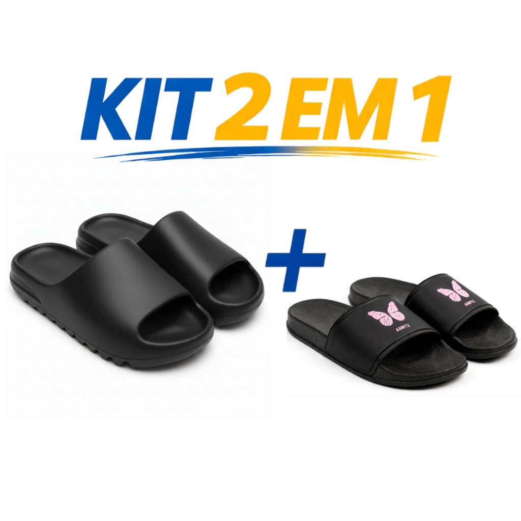 Chinelos femininos pretos com design de borboleta rosa em kit 2 em 1