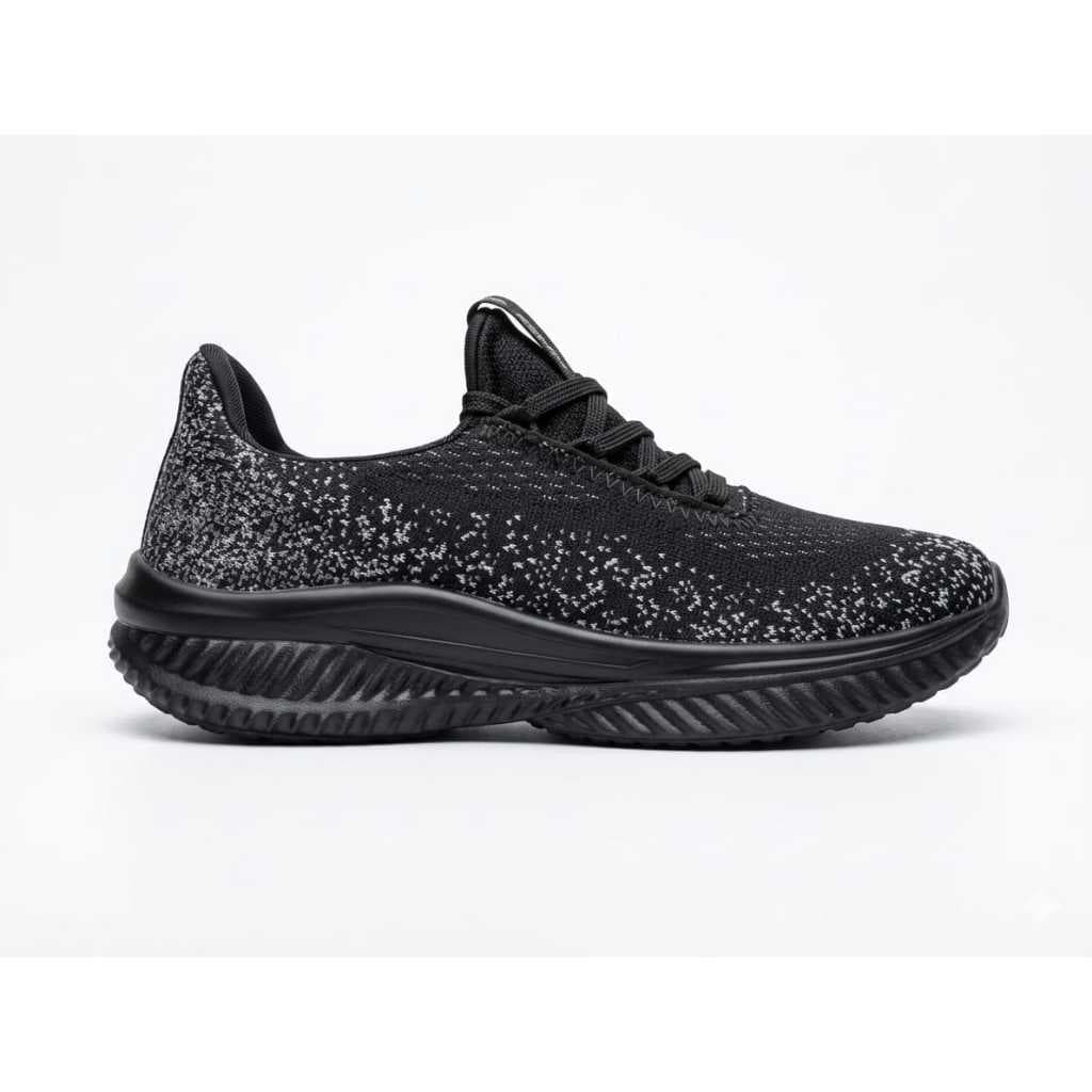 Tênis feminino casual preto com glitter, design moderno, sola grossa, ângulo frontal