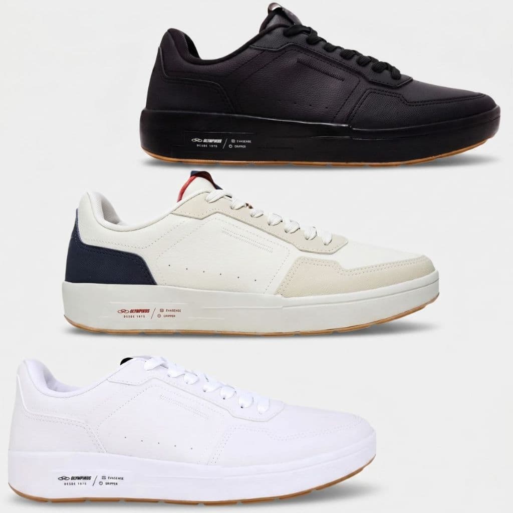 Tênis Olympikus Versa Casual Masculino Original em três cores: preto, branco com azul e marrom, e branco puro.