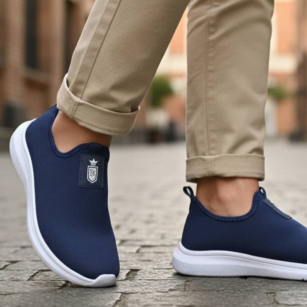Tênis azul e branco com sola branca, design slip-on, emblema preto e branco, calças bege, fundo de calçamento de pedra
