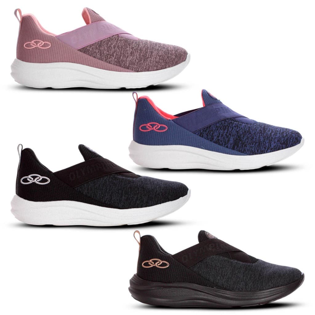 Quatro pares de tênis Olympikus Easy 3 Feminino em rosa, azul, preto e preto com solado preto.