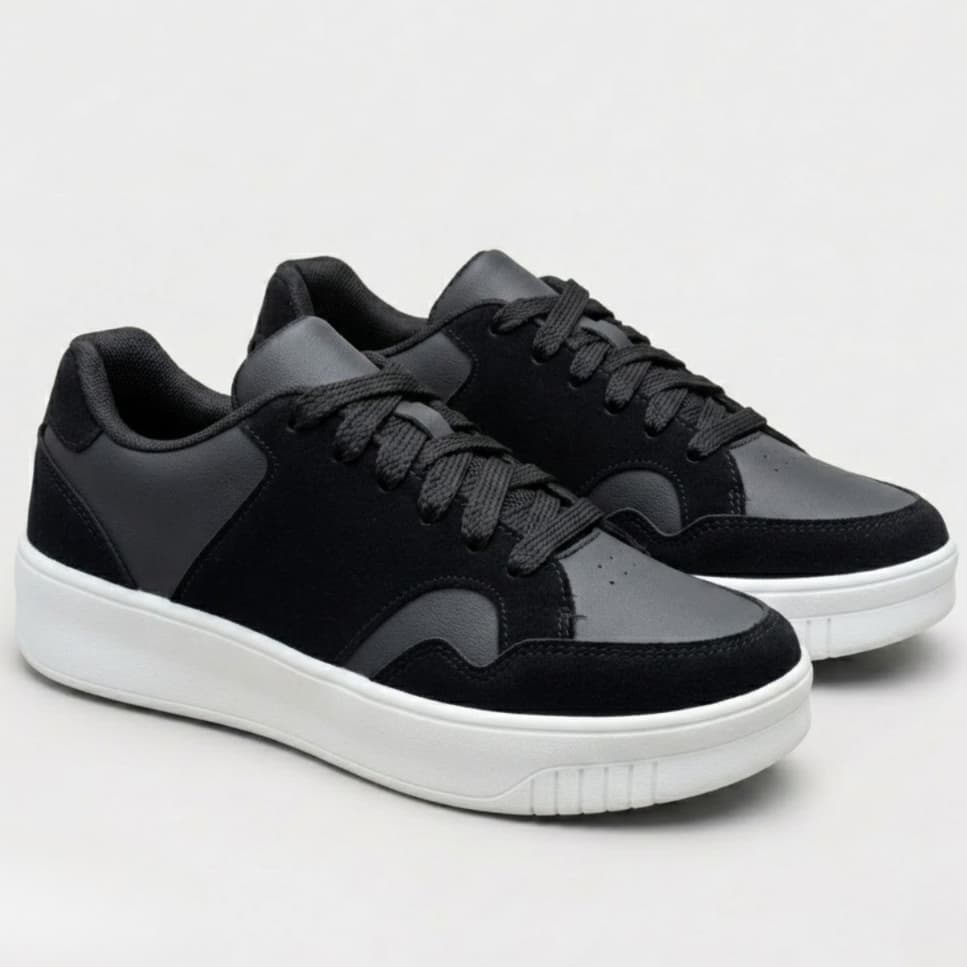 Tênis feminino preto com sola branca, estilo casual e confortável