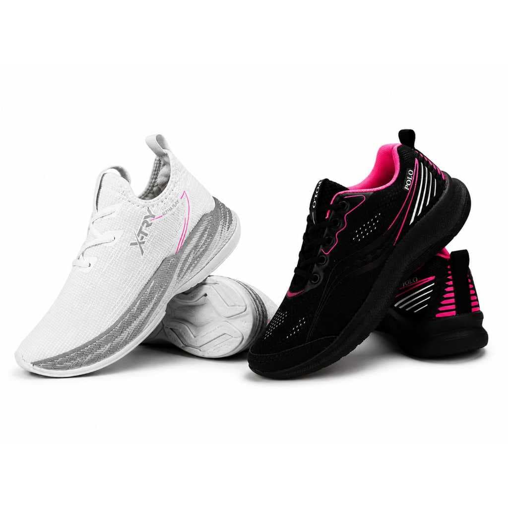 Kit de tênis esportivo feminino com três pares em branco, preto e rosa
