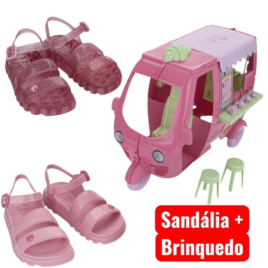Sandália Barbie Sorveteria Original com NF Carrinho Kit + Sandália Disney Grendene Kids  23221