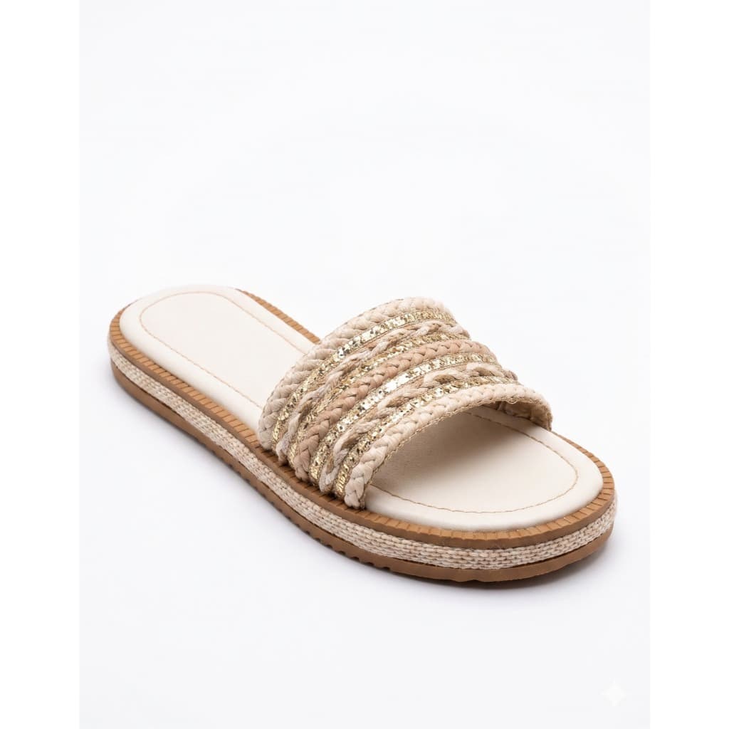 Sandália Slide Feminino Chic com Tiras Trançadas e Brilho | Sandália Confortável e Estilosa