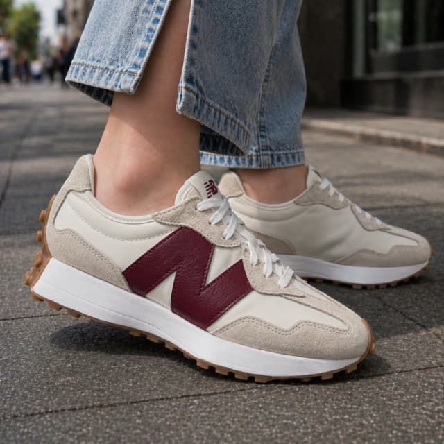 Tênis New Balance 327 feminino, estilo retrô, combinação de cores bege e vinho.