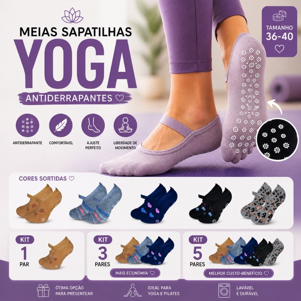 Meias Sapatilhas Yoga Antiderrapante – Kit com 1, 3 ou 5 Pares – Ideal para Yoga e Pilates