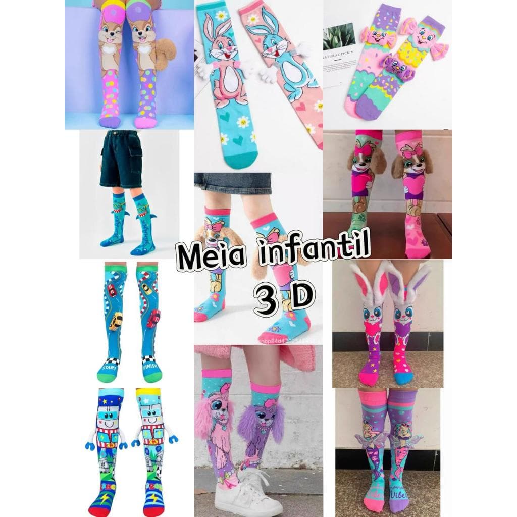 Meia 3D Infantil Cano Alto Personagens Colorida Unissex Meia Maluca Menino Menina 28 a 36--sh