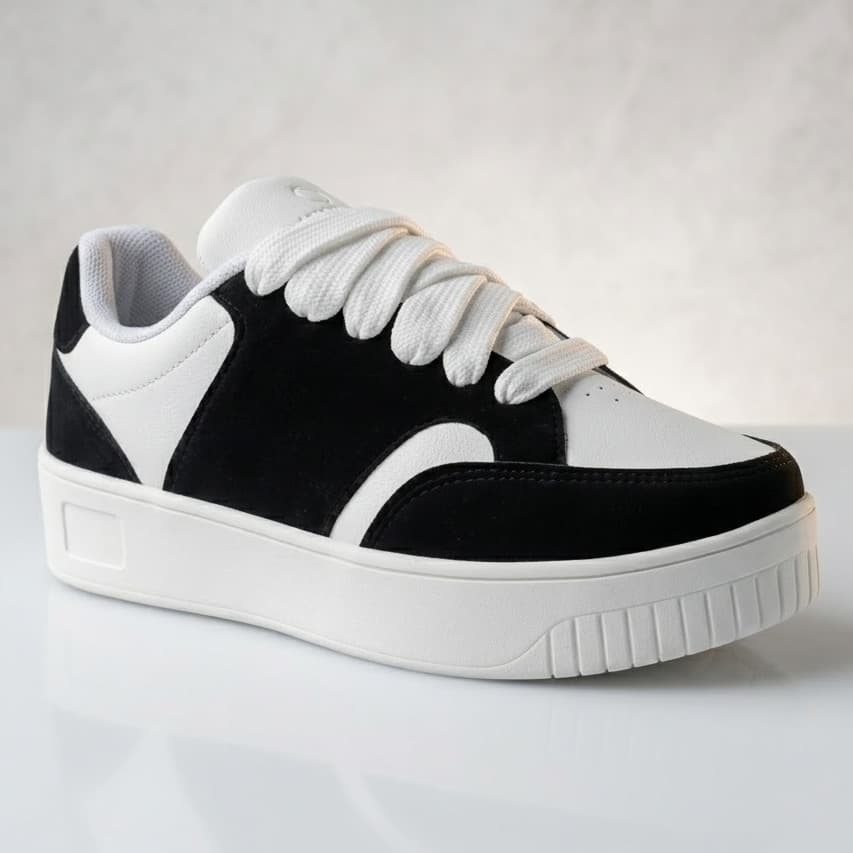 Tênis feminino low top preto e branco com sola branca