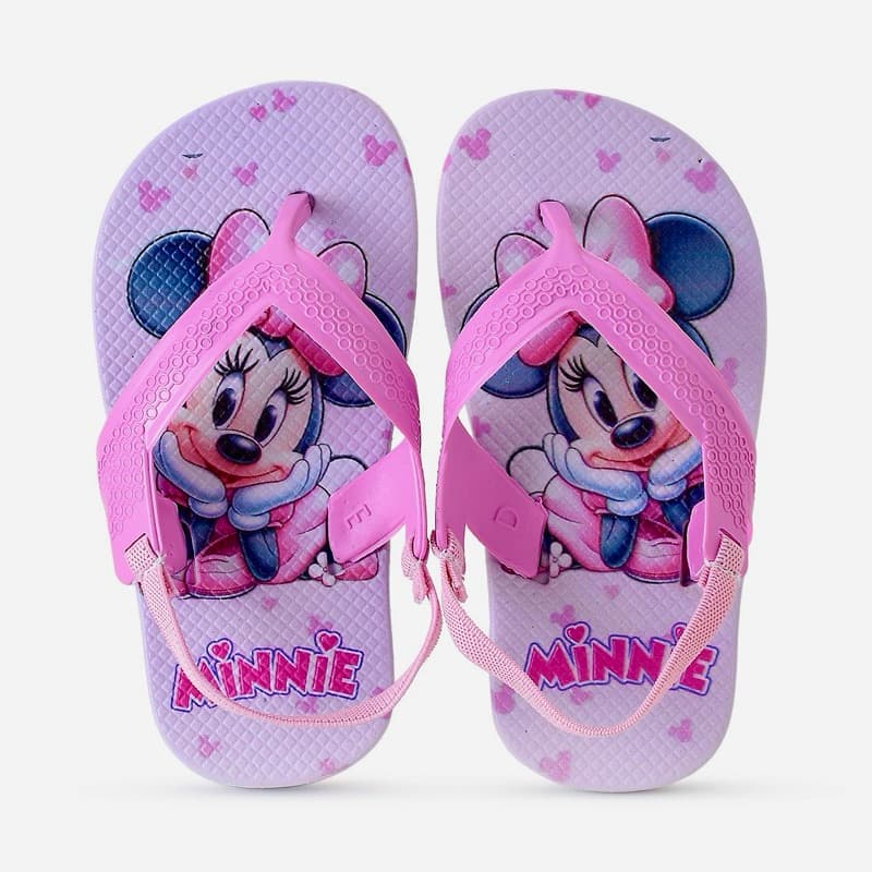 Chinelos infantis com estampa de Minnie Mouse, rosa com detalhes em azul e branco.
