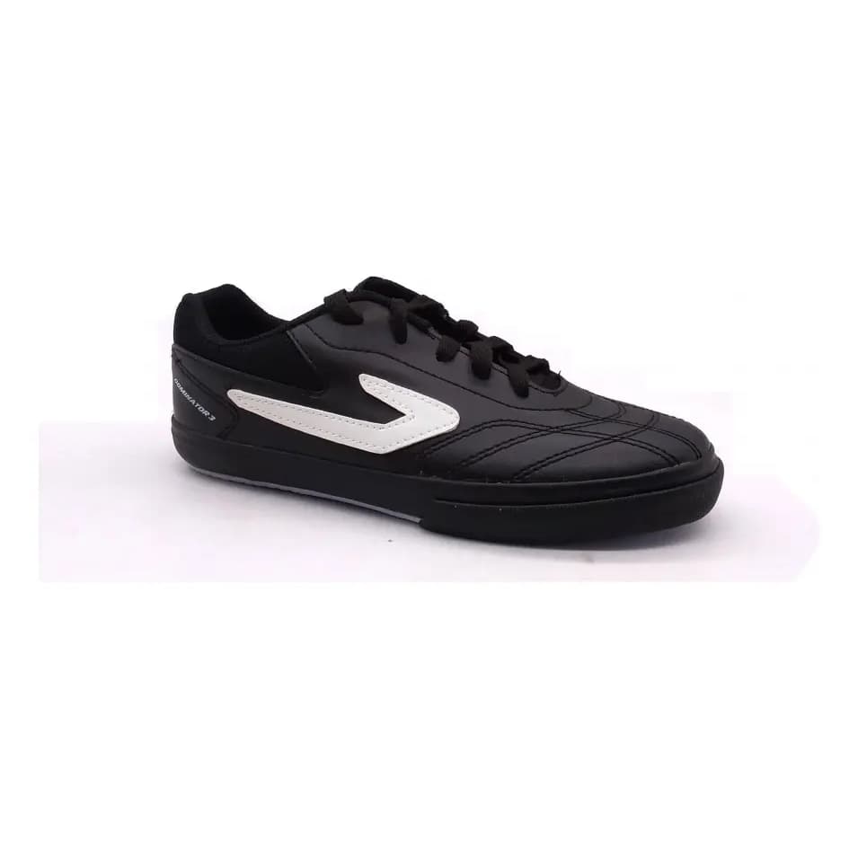 Tênis Chuteira Futsal Infantil Topper Dominator 3 Jr, preto e branco, para futsal indoor.