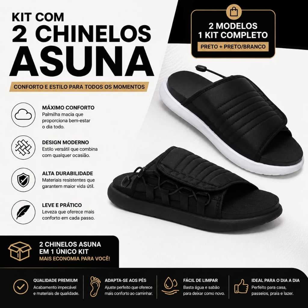 Kit com 2 pares de chinelos Asuna, preto e branco, confortáveis e duráveis