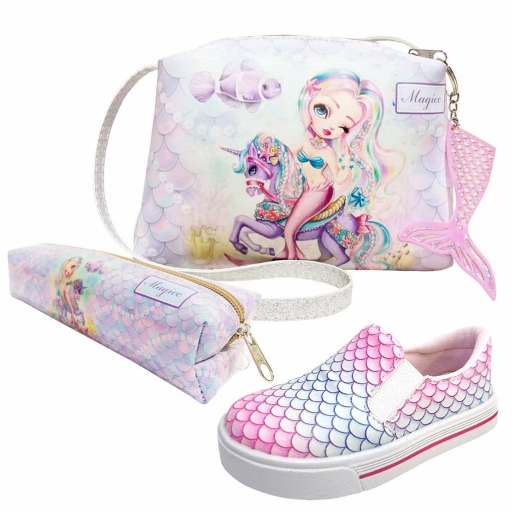 Kit infantil feminino com bolsa, tênis e estojo com temas de sereia, cores rosa e azul
