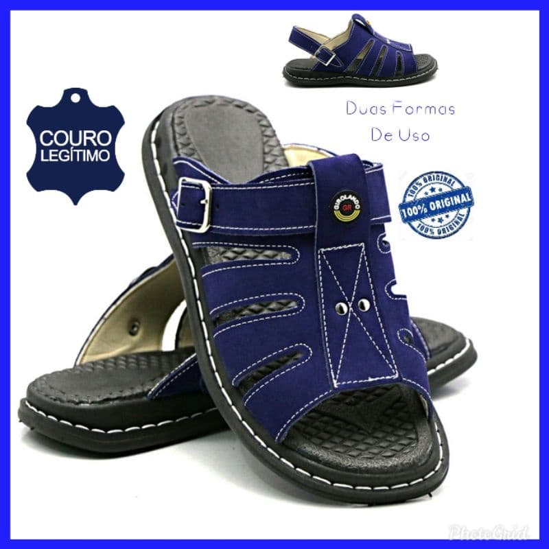 Sandália Masculina Couro Azul com Duas Formas de Uso, Sola Preta com Detalhes Brancos