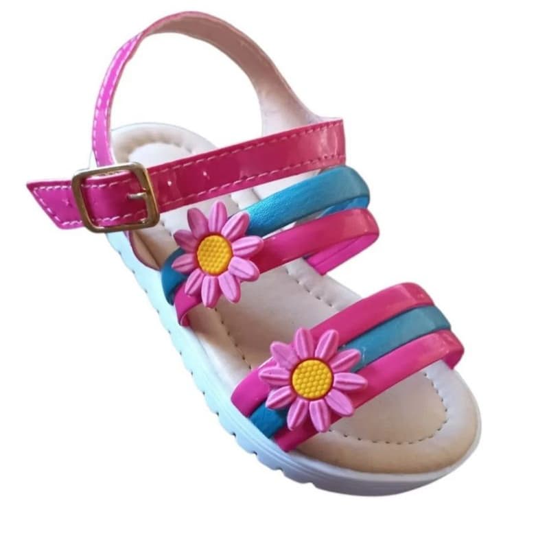 Sandália infantil feminina de tira, duas flores . (amarelo e rosa/azul e rosa)