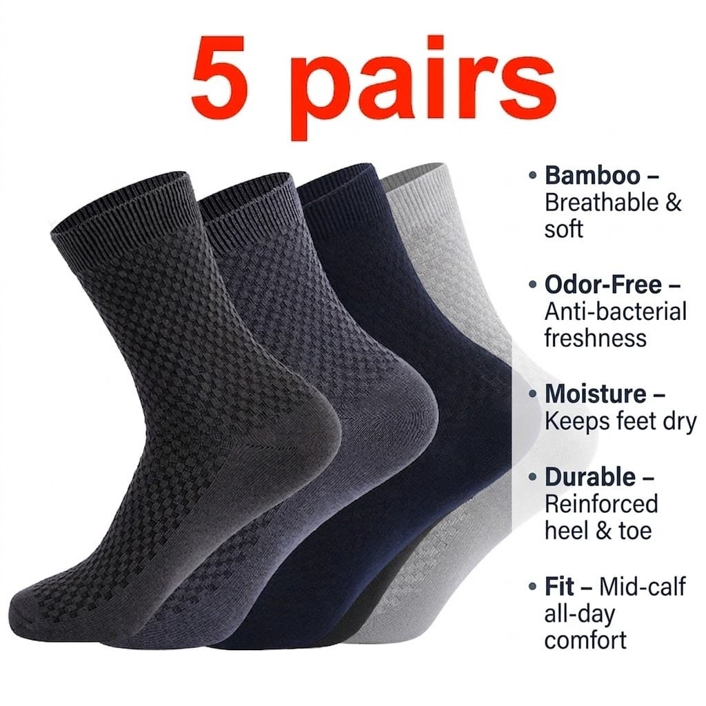 5 Pares De Meias Sociais De Fibra De Bambu Para Homens – Meia Panturrilha Respirável Antiodor , Pacote De Presente De Fe
