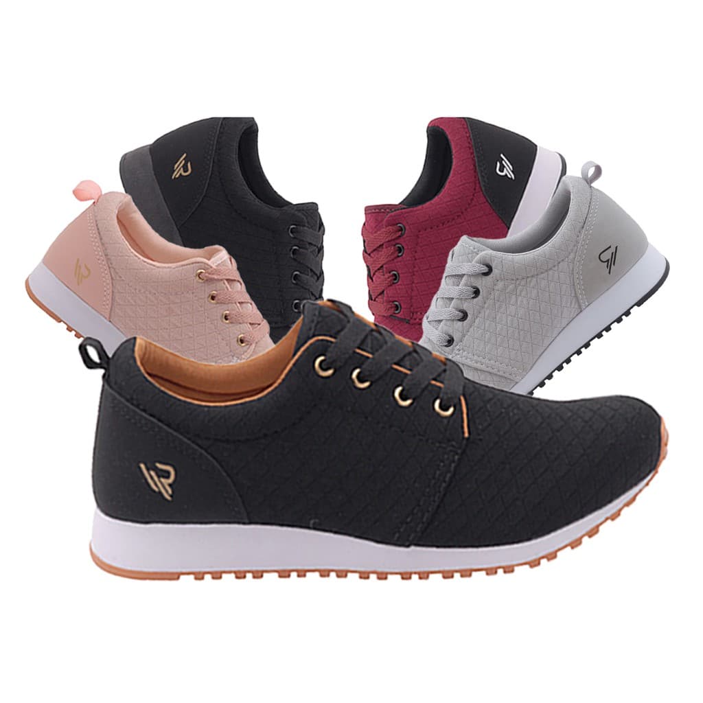 Tênis feminino casual para caminhada e corrida, disponível em rosa, preto, vermelho e cinza com sola branca.