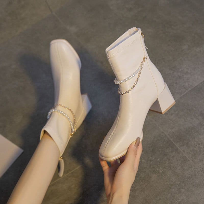 Botas de calcanhar de meia roda quadrada Botas curtas femininas 2022 Outono Inverno Martin Botas finas francesas Botas finas de salto grosso Botas quentes de calcanhar