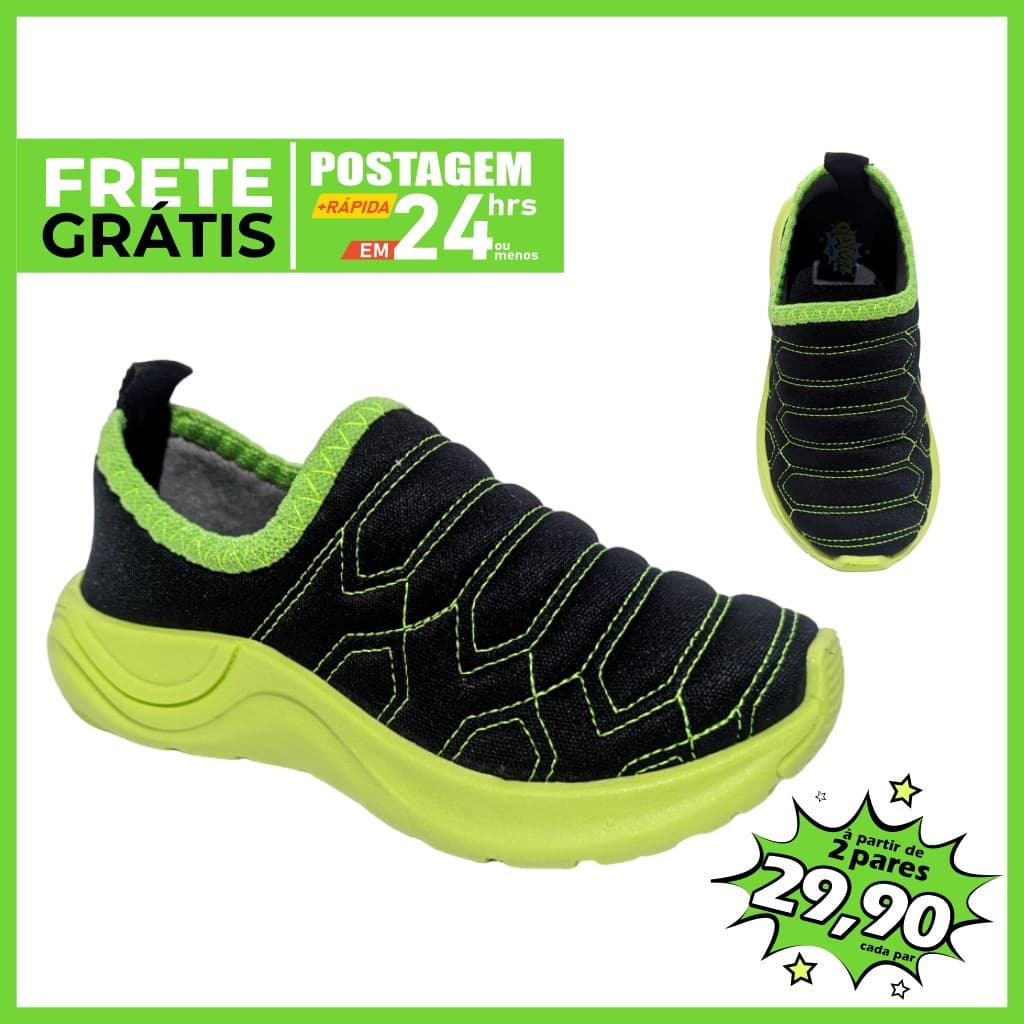 Tênis infantil slip-on calce fácil sem cadarço, preto e verde fluorescente