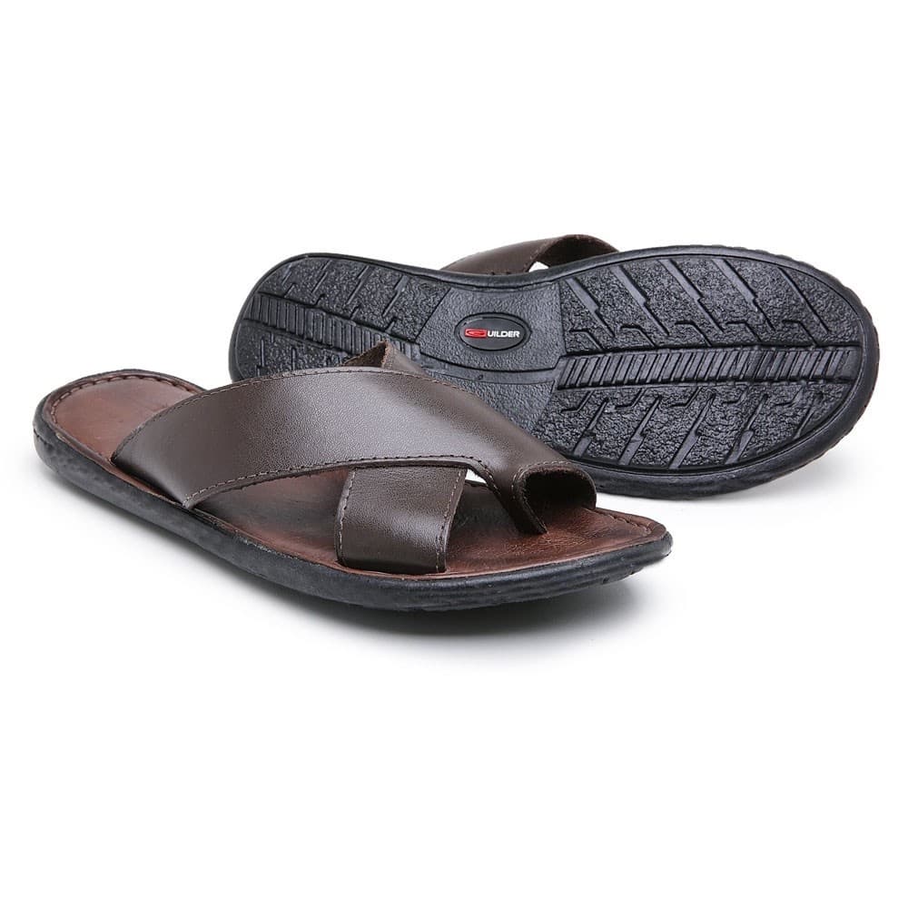 Chinelo Masculino com Tiras Cruzadas em Couro Bovino - Marrom