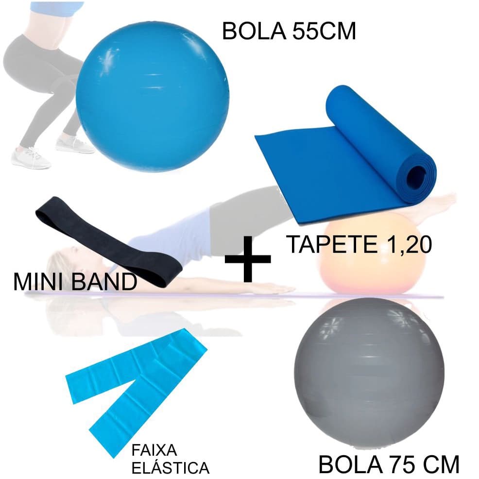 Kit Pilates Tapete 1,20mt + Faixa Elástica Média  + Mini Band Média + Bola Suiça 55 + Bola Suiça 75