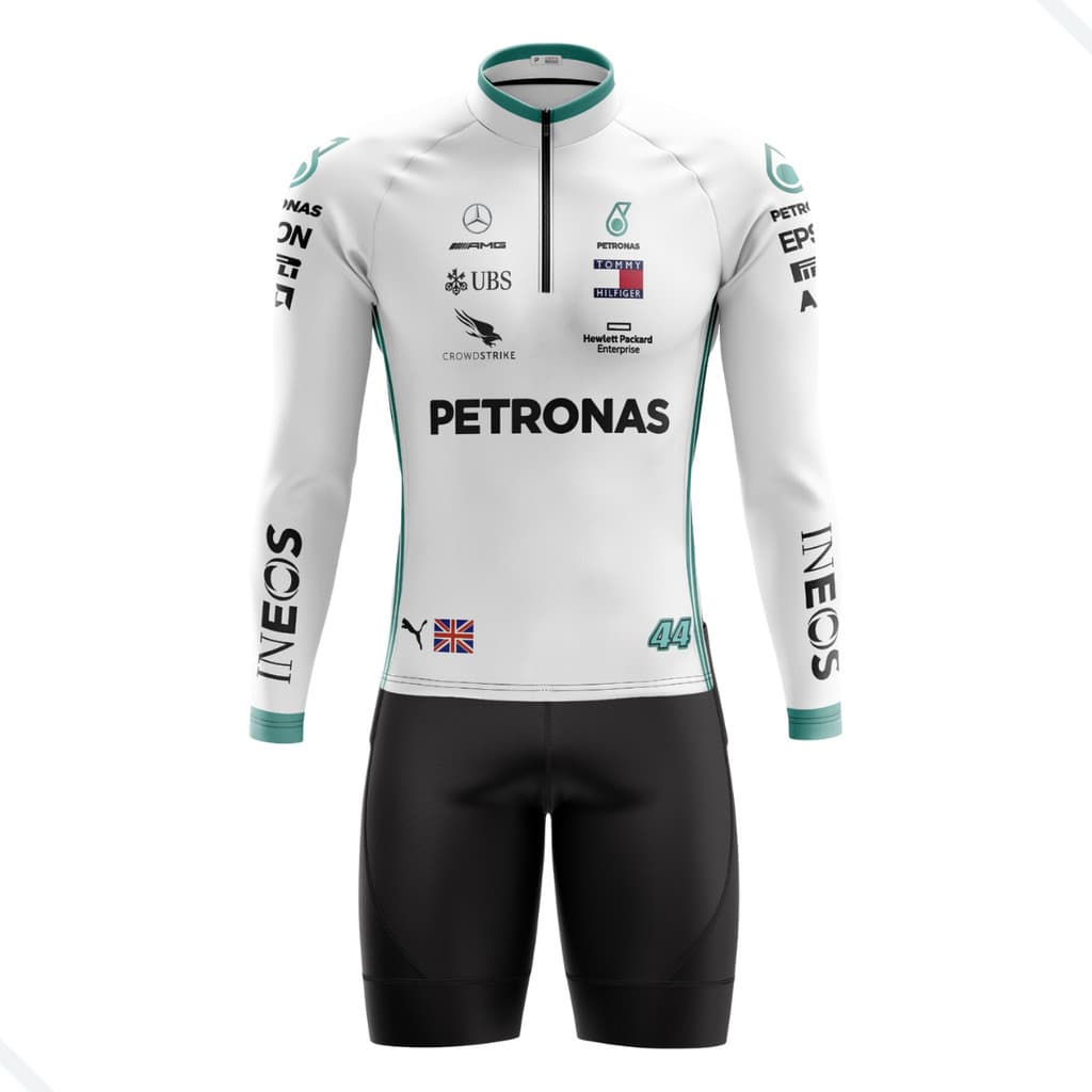 CONJUNTO CICLISMO MASCULINO BERMUDA E CAMISA MANGA LONGA F1 BRANCA COM BOLSOS UV 50+