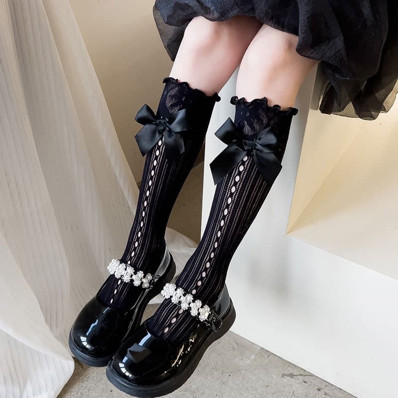 Meias para Meninas Meias Bowknot Meias de Tubo Médio Meias de Malha Princesa Meias para Crianças Meias para Bezerros Cor Sólida