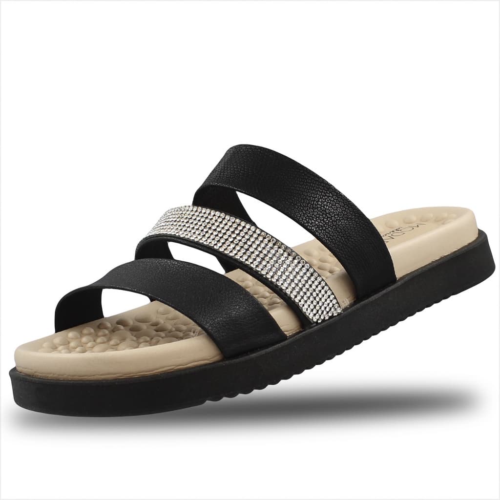 Chinelo Modare papete rasteira flat confortável com tiras pretas e strass, palmilha bege texturizada e sola preta.
