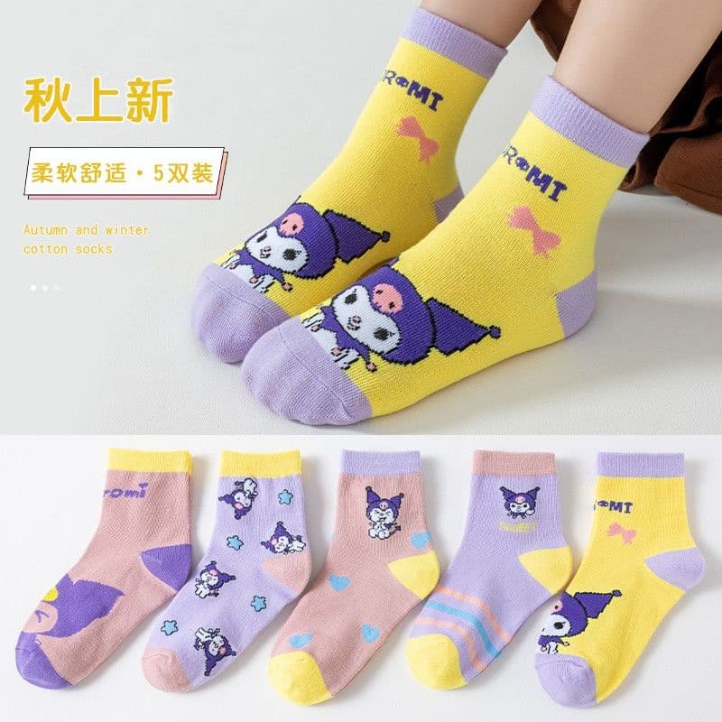 Meias para meninas, meias Sanrio, meias Kuromi, meias infantis, meias de cano médio, meias com estampas de desenhos anim