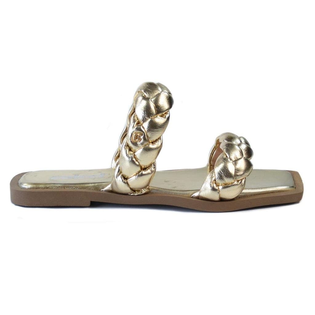 Chinelo dourado feminino Colcci com tiras em relevo e detalhes de nó, sola marrom