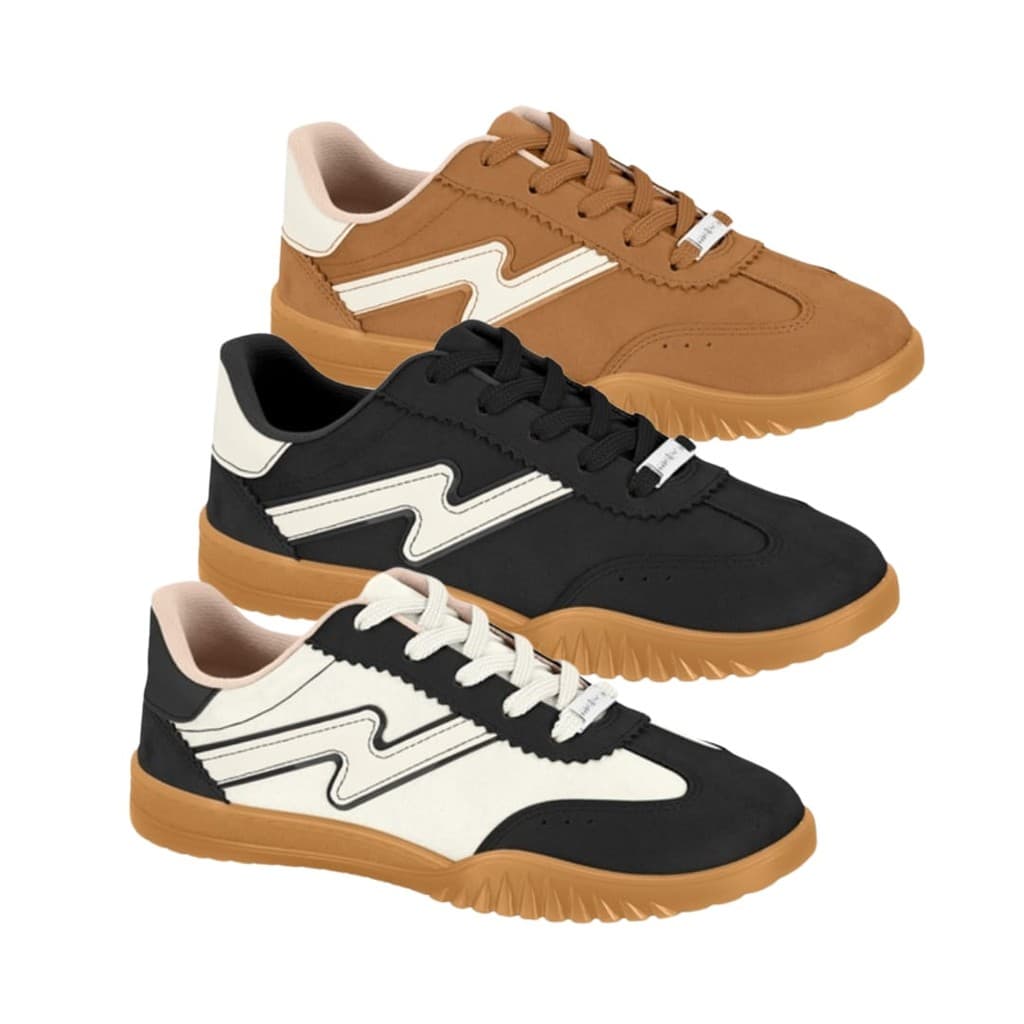 Tênis Casual Feminino Moleca Camurça Original 5817102, cores marrom, preto e branco com ondas brancas